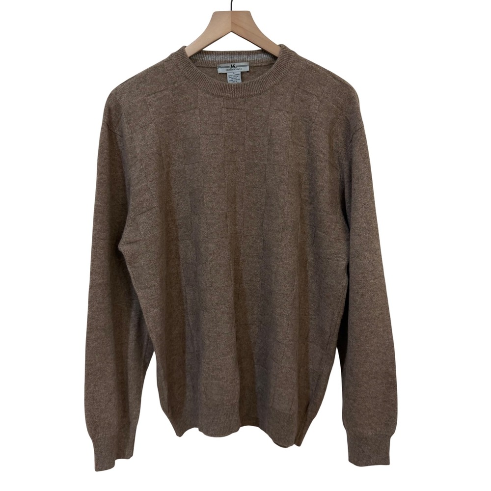 Member's Mark Sweater L Brown 100% Cashmere Italy Crewneck Checkered Front